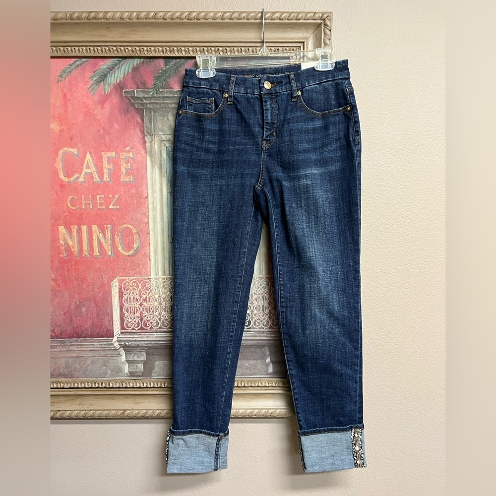 Chico’s So Slimming Girlfriend Slim Leg Women’s Jeans with Embellished Cuff NWT